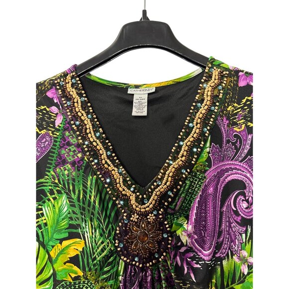 Catherines Womens Sleeveless V-Neck Maxi Dress  3X 26/28W Beaded Tropical Floral - Picture 3 of 9